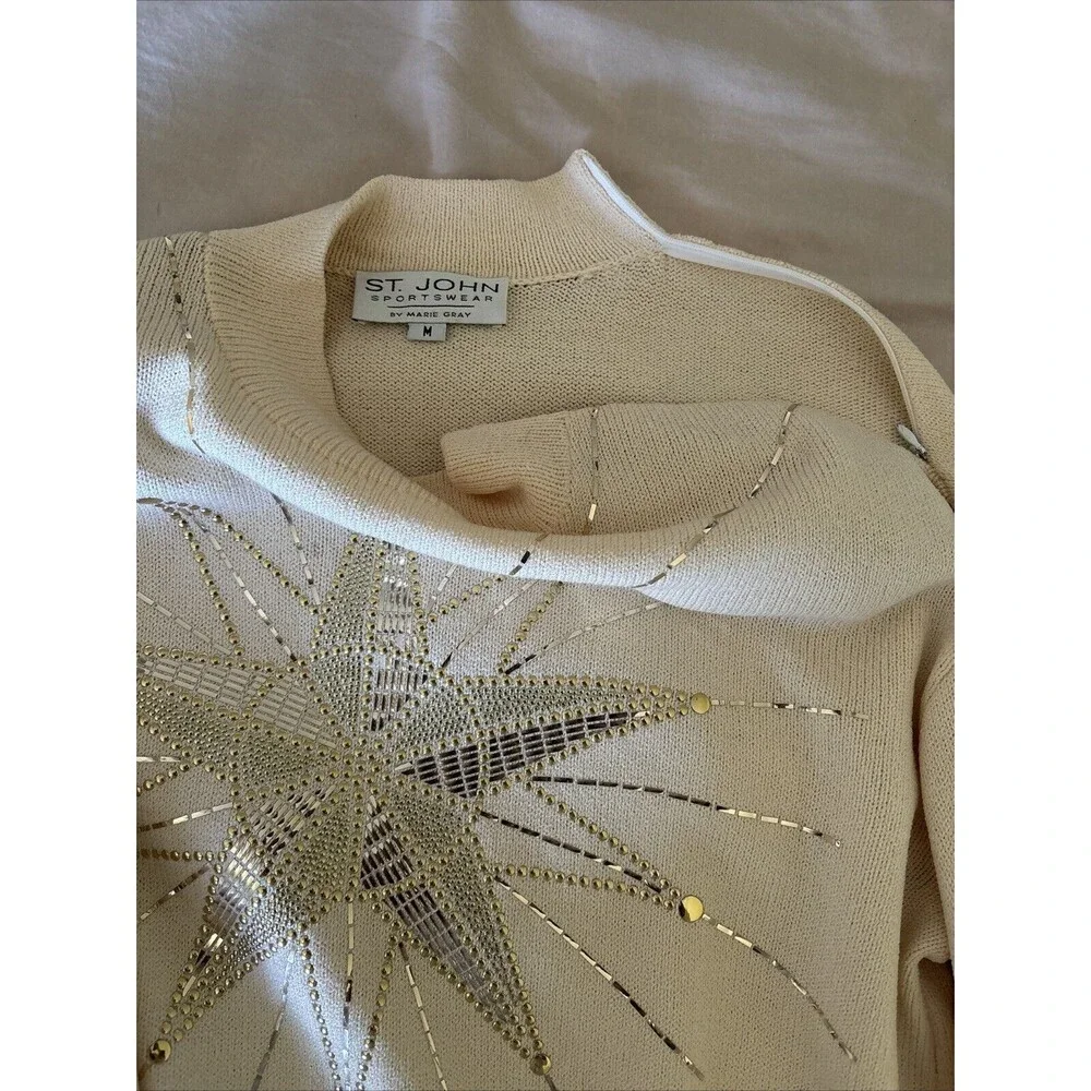 Vintage St John by Marie Gray Embellished Gold‎ & Cream Knit Sweater